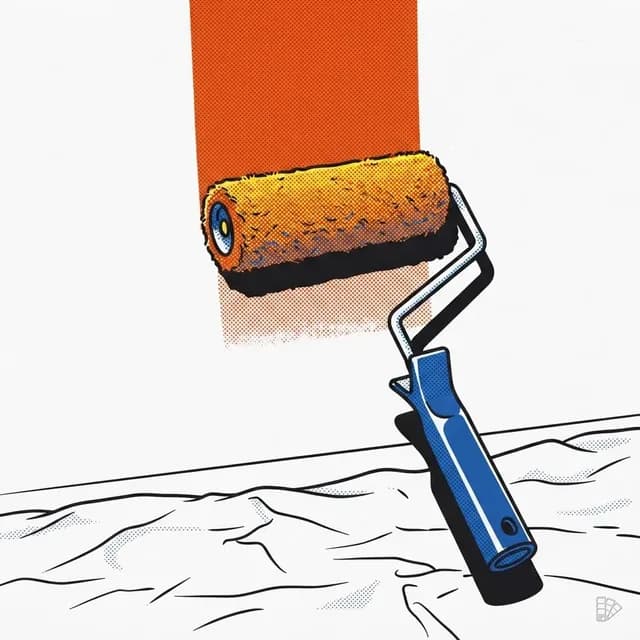 Pop-art illustration of a roller laying a band of orange down a wall